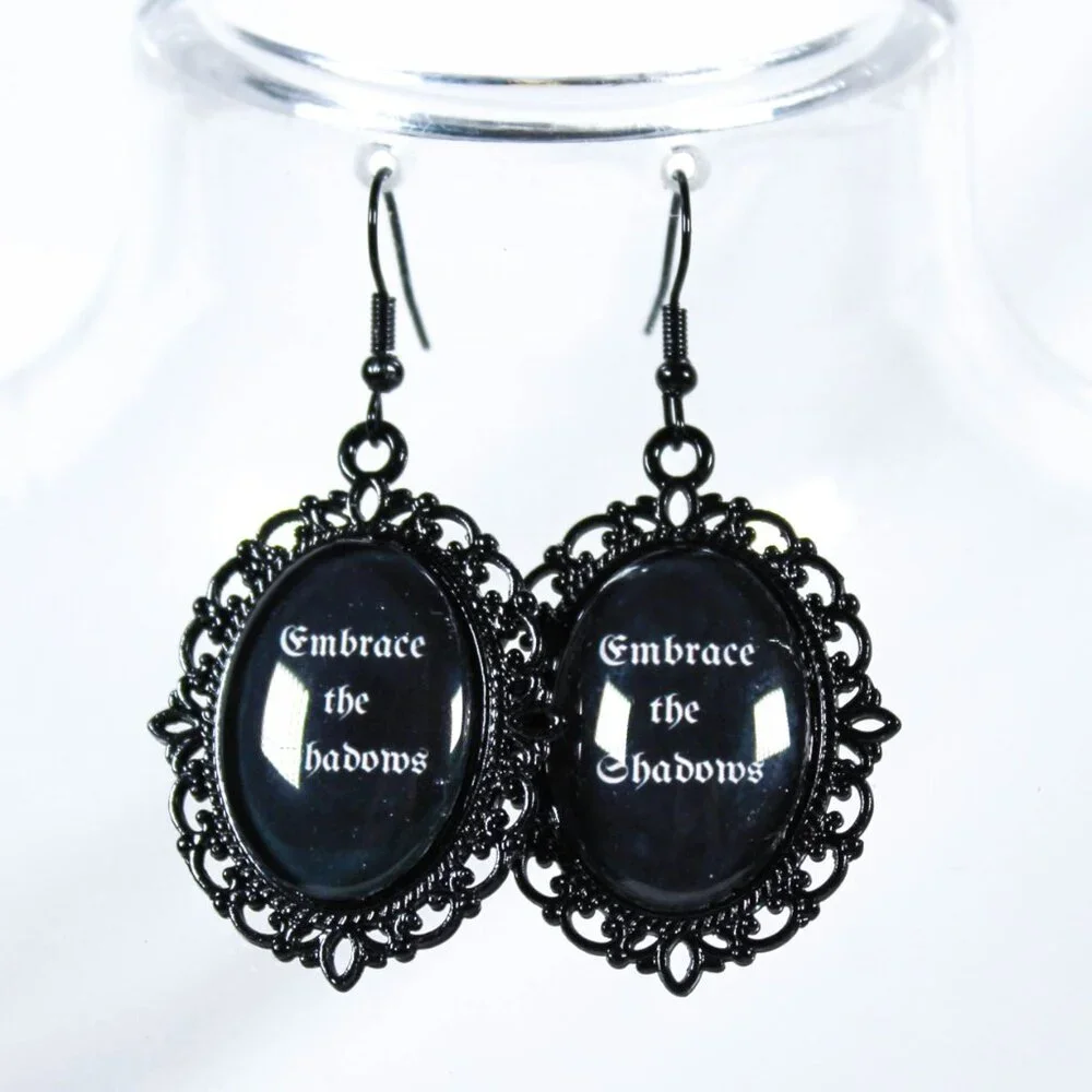 Gothic Quote Earrings – “Embrace the Shadows” Black Cameo Jewelry